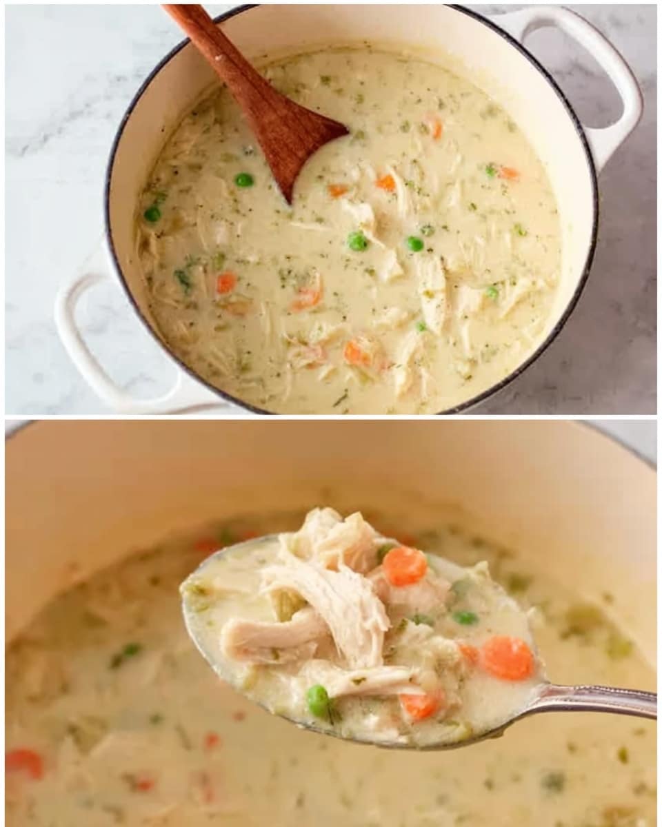 The image shows two views of a creamy soup in a white pot on a white marbled surface. The soup has a thick texture with visible small pieces of orange carrot, light green peas, and chunks of white chicken in a smooth cream-colored broth. In the top part, a woman's hand stirs the soup with a wooden spoon. The bottom part focuses on a spoon lifting a serving of the soup, showing more details of the vegetables and chicken pieces in the creamy broth. Photo taken with an iphone --ar 4:5 --v 7