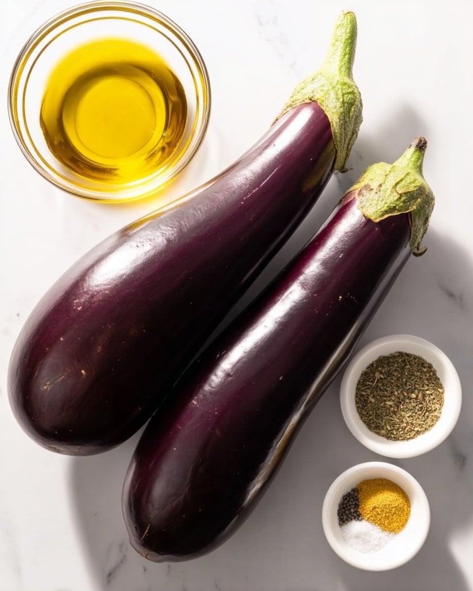 The image shows two long shiny purple eggplants placed next to each other on a white marbled surface, their green stems facing opposite sides. To the top left of the eggplants, there is a clear glass bowl filled with golden yellow oil. At the bottom right, two small white bowls hold spices: one bowl has mixed dried herbs that are green and yellow, and the other bowl contains three small piles of powdered spices in white, black, and yellow colors. The lighting highlights the smooth, glossy texture of the eggplants and the clean, fresh look of the ingredients photo taken with an iphone --ar 4:5 --v 7