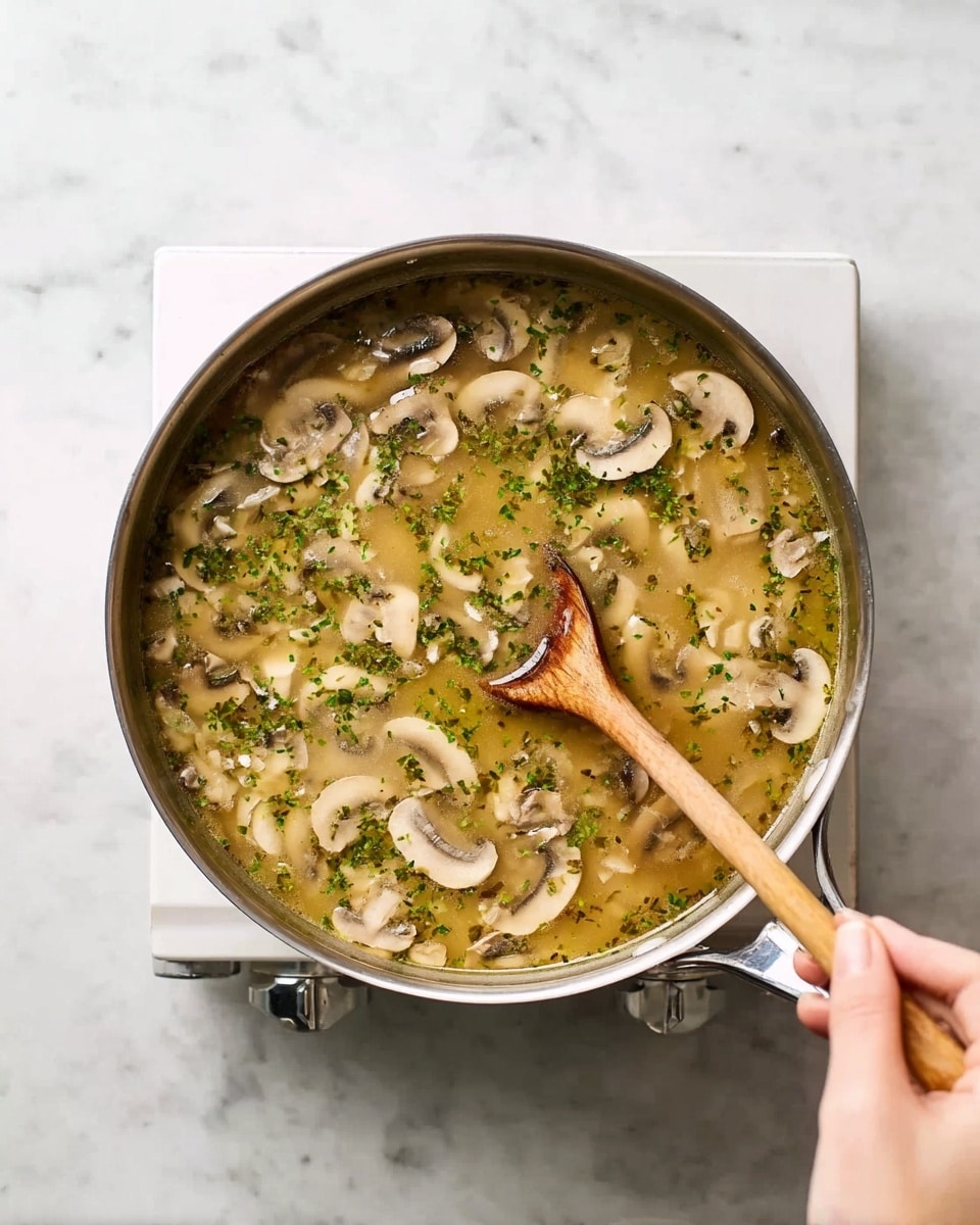 The image shows a silver pan filled with a light brown soup full of sliced white mushrooms and chopped green herbs floating on top. A woman's hand is stirring the soup with a wooden spoon, held near the bottom right of the image. The pan is placed on a white stove, and the whole scene sits on a white marbled surface. The texture of the soup looks smooth with chunks of mushrooms spread evenly in the light broth. photo taken with an iphone --ar 4:5 --v 7