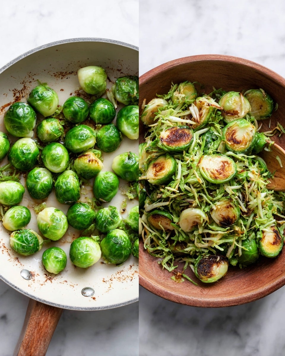 The dish shows two parts: on the left, a white pan with many shiny, cooked green Brussels sprouts, some whole and some sliced in half, with browned spots on the cut sides; on the right, a white wooden bowl filled with a mix of thin shredded green Brussels sprouts at the bottom and browned Brussels sprouts halves placed on top, giving a mix of bright green and light brown colors. Both are placed on a white marbled surface. photo taken with an iphone --ar 4:5 --v 7