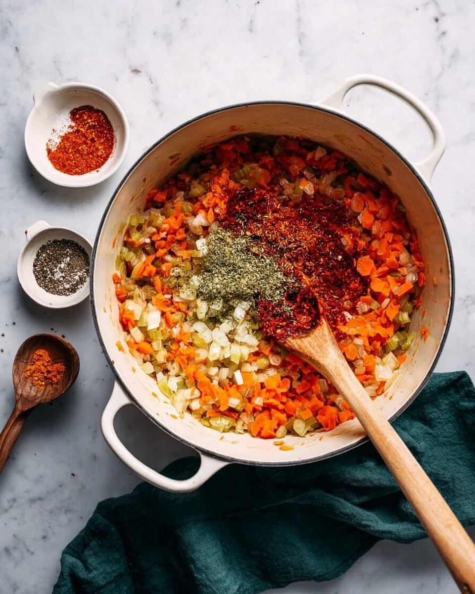 Inside a large white pot, there is a mix of finely chopped orange carrots, white onions, and green celery cooking together, forming a soft textured base. On top of this mixture in the center, there are layers of dark red paprika and crushed reddish-brown chili flakes, along with some coarse dried green herbs sprinkled over. A wooden spoon with a long handle rests inside the pot, partially lifting a portion of the mixture. Around the pot on a white marbled surface, there are two white small bowls—one holding black pepper and the other crushed chili flakes with a small wooden spoon. A dark green cloth is placed to the right side under the pot’s handle. Photo taken with an iphone --ar 4:5 --v 7