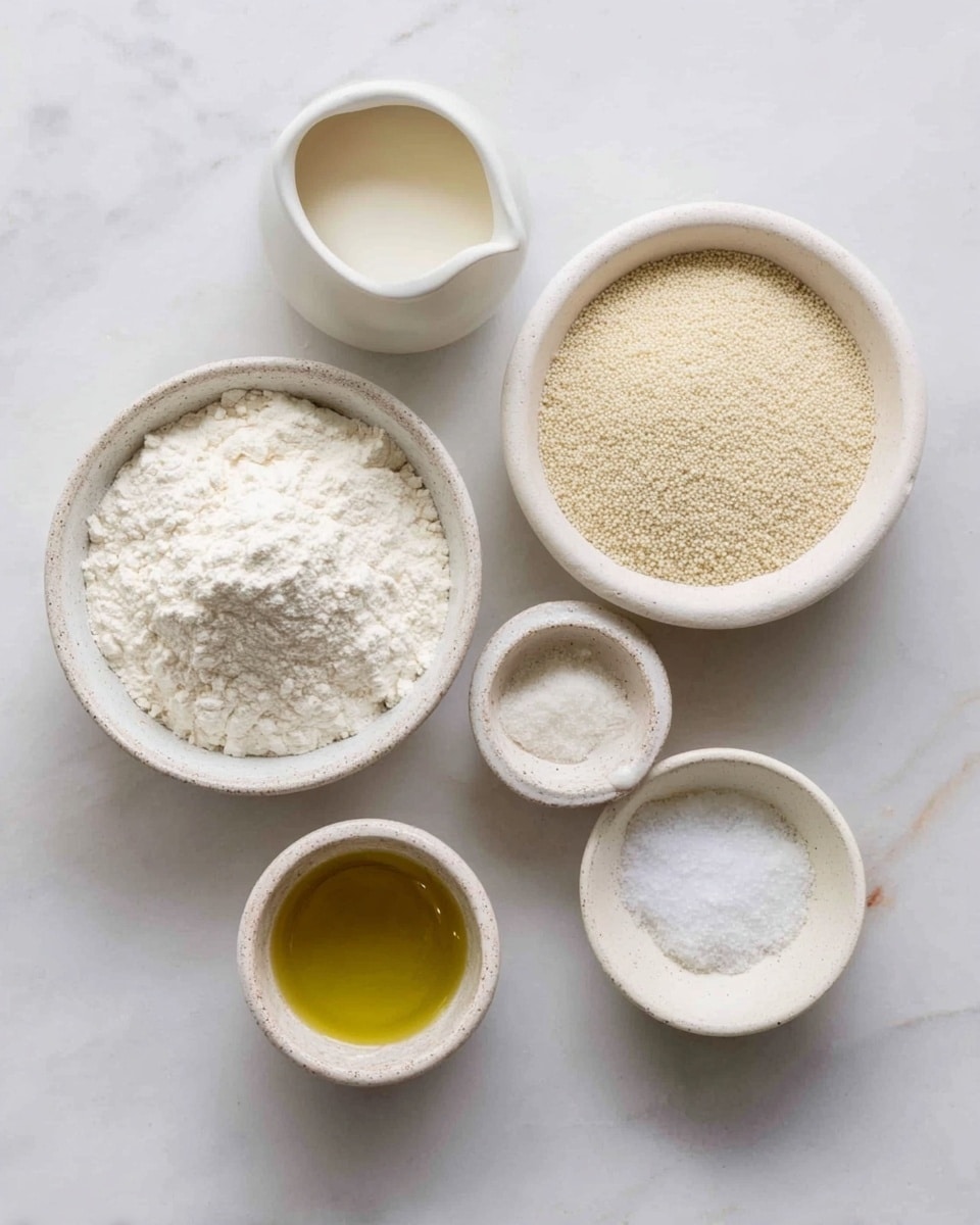 The image shows six white bowls and a small white pitcher arranged in a loose circle on a white marbled surface. In the center is a large bowl filled with white flour. To its right is a medium bowl with light tan yeast grains. Below the flour bowl is a tiny bowl with coarse white salt. To the left of the salt is a small bowl filled with golden olive oil. Above the oil is a small white pitcher containing a creamy liquid, and to the left of the flour is a medium bowl holding milk with a slight beige tint. The overall look is clean and simple, with soft natural light. photo taken with an iphone --ar 4:5 --v 7