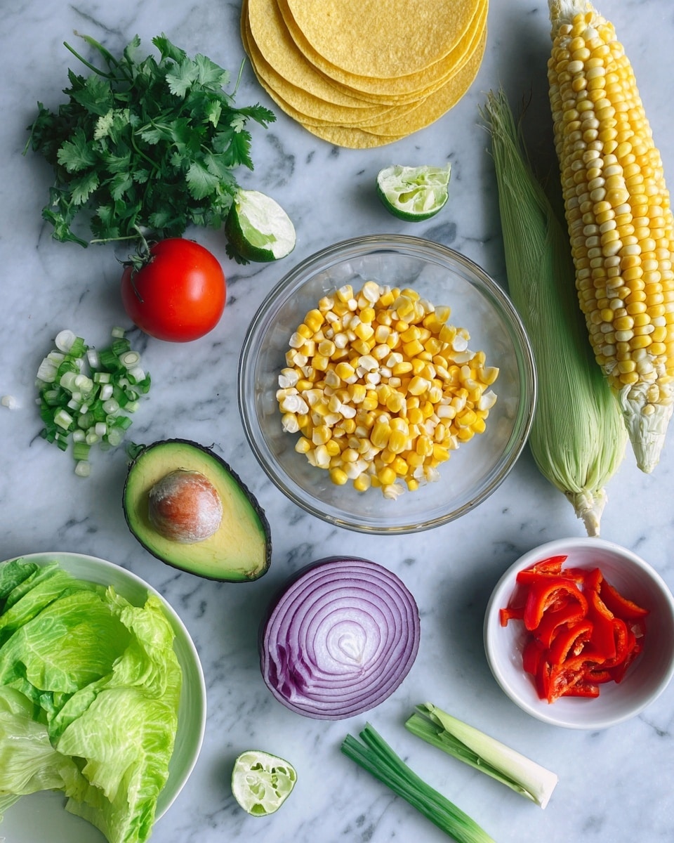 The image shows fresh ingredients neatly arranged on a white marbled surface. There are three layers of yellow corn tortillas placed in different corners. A whole ear of corn with bright yellow kernels and green husk sits near the top right. A clear glass bowl filled with yellow corn kernels is in the center. To the left, a small bunch of green cilantro, a whole red tomato, and chopped green onions add vibrant colors. A halved avocado reveals its green flesh and brown seed, while nearby there is a halved red onion with purple layers. On the bottom left, a white bowl holds a layer of fresh green lettuce leaves. A small white bowl on the right contains bright red sliced peppers. Scattered around the surface are lime, green onion stalks, and pieces of halved avocado and onion. photo taken with an iphone --ar 4:5 --v 7