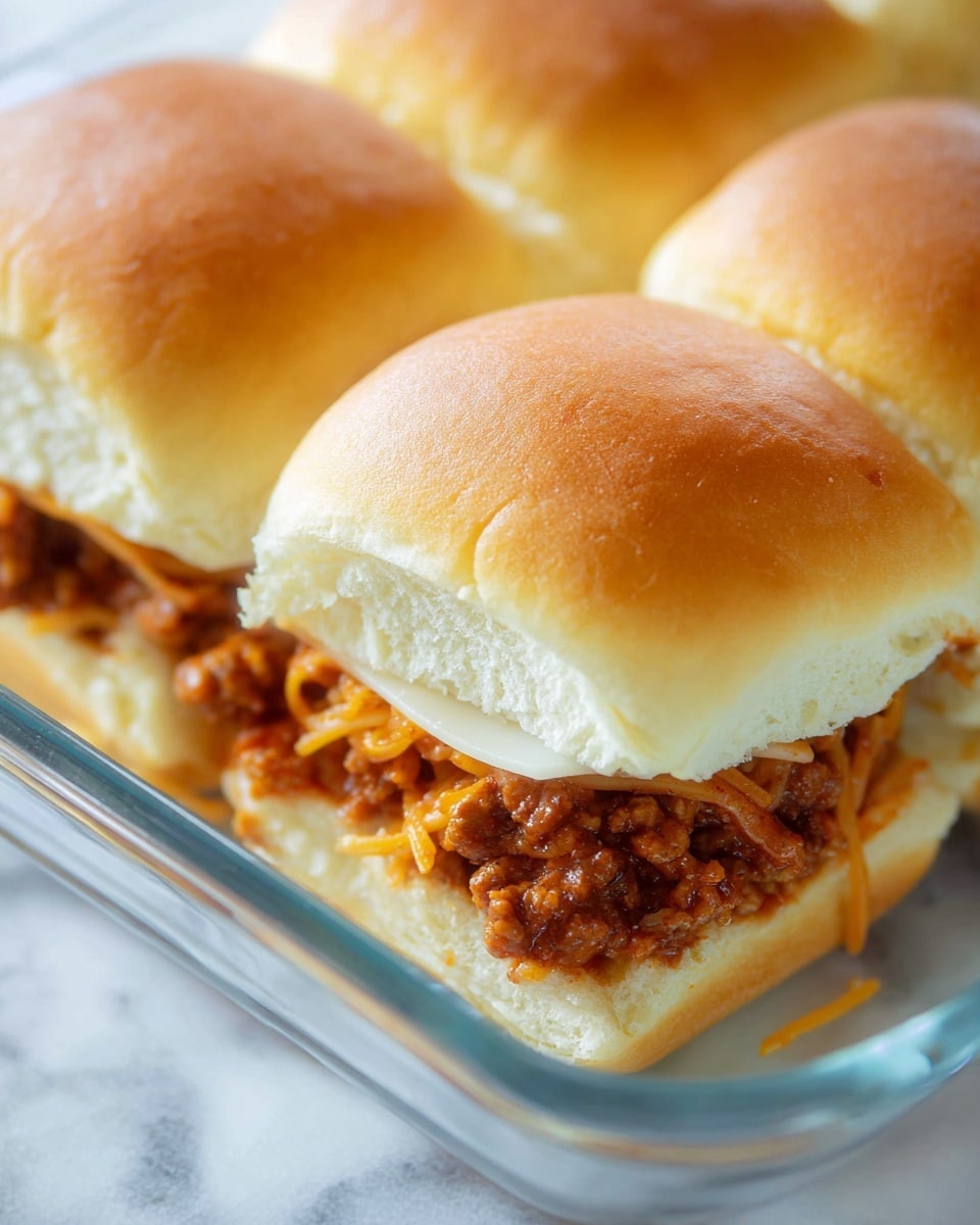 A close-up view of three soft, golden brown sandwich buns placed side by side in a glass dish with a white marbled surface underneath. Each sandwich has three visible layers: a fluffy top bun that is smooth and slightly shiny, a middle layer filled with a rich, textured spaghetti meat sauce with visible meat chunks and reddish-brown pasta strands, and a slice of white cheese between the sauce and the soft white bottom bun. The buns’ edges are rounded and the sandwiches look fresh and warm. Photo taken with an iphone --ar 4:5 --v 7