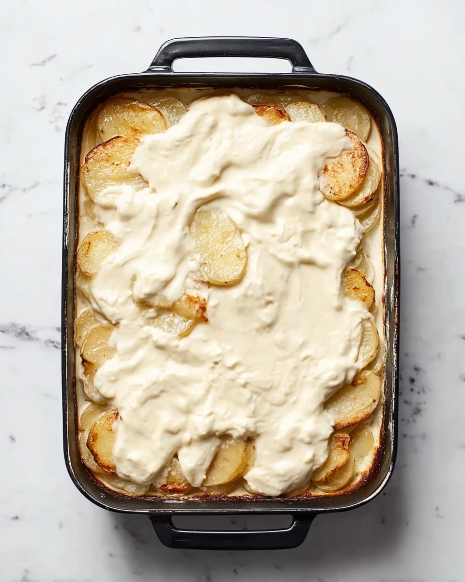 The image shows a black baking dish filled with layered sliced potatoes at the bottom, which are golden brown around the edges and soft in texture. On top of the potatoes, there is a thick, creamy white sauce spread evenly, covering the entire surface of the dish. The dish is placed on a white marbled surface, giving a clean and simple look. Photo taken with an iphone --ar 4:5 --v 7