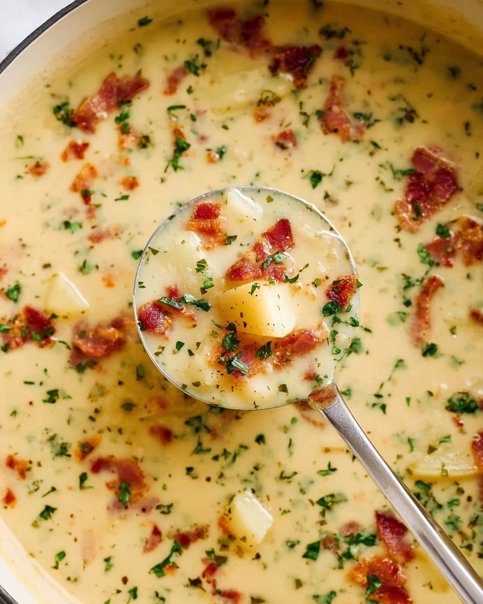 A close-up of creamy potato soup in a large white pot with a smooth, light yellow base and visible chunks of soft potato pieces scattered throughout. Small crispy bacon bits are mixed in and on top, adding a reddish-brown color contrast. Bright green chopped herbs are sprinkled evenly across the surface, giving fresh color spots. A silver ladle is scooping soup from the pot, showing a thick, hearty texture with potato cubes, bacon, and herbs clearly visible inside the ladle. The scene sits on a white marbled surface. photo taken with an iphone --ar 4:5 --v 7