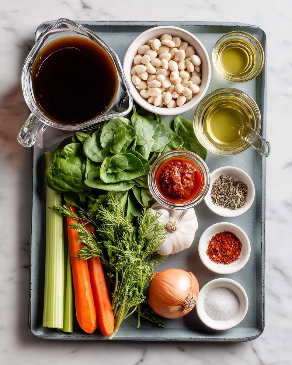 A gray tray holds many ingredients on a white marbled background. On the left side, there is a clear glass pitcher filled with dark brown liquid. Below it, a white bowl contains small pale beans. Next to the bowl, an open small jar with red paste sits by fresh green celery stalks and two long orange carrots placed horizontally at the bottom. In the middle, fresh green spinach leaves are in a clear glass cup. Below it, different fresh green herbs cover the tray including parsley and dill. To the right, a whole brown onion sits near two garlic cloves. Above them, two small clear glasses hold light golden oil. To the far right, four small white bowls contain white salt, black pepper, a mix of dried herbs and red powder, and a bowl of crushed red chili flakes. A woman's hand is not visible but implied holding the tray photo taken with an iphone --ar 4:5 --v 7