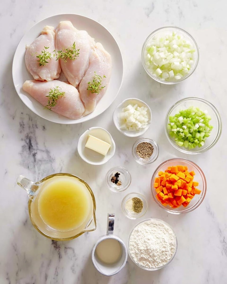 A white marbled surface holds various cooking ingredients arranged neatly. In the center left, a white plate with four pieces of pale pink chicken breasts topped with two small green herb sprigs sits prominently. Surrounding this plate are small clear glass bowls and white bowls with ingredients: diced white onions at bottom right, chopped orange carrots just above, and chopped green celery on the top right. To the left of the chicken, a small white bowl with a scoop of pale yellow butter and three tiny clear bowls containing black pepper, chopped garlic, and a light yellow powdery seasoning are visible. At the bottom center, a clear measuring glass jug filled with yellow broth and a larger clear measuring jug with white cream sit side by side. A small silver measuring cup filled with a light liquid and a bowl of white flour are near the chicken plate. This tidy scene is lit softly for a clean, fresh look, photo taken with an iphone --ar 4:5 --v 7
