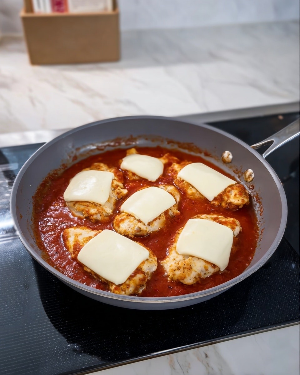 The image shows a gray frying pan sitting on a stove with four pieces of cooked chicken on the bottom. Each piece of chicken is covered by one or two slices of white melted cheese. The chicken lies in a thick red tomato sauce that fills the pan and surrounds the slices of cheese. The stove is black on top, and the background is a white marbled countertop with part of a white wall and a light-colored box showing behind the pan. Photo taken with an iphone --ar 4:5 --v 7