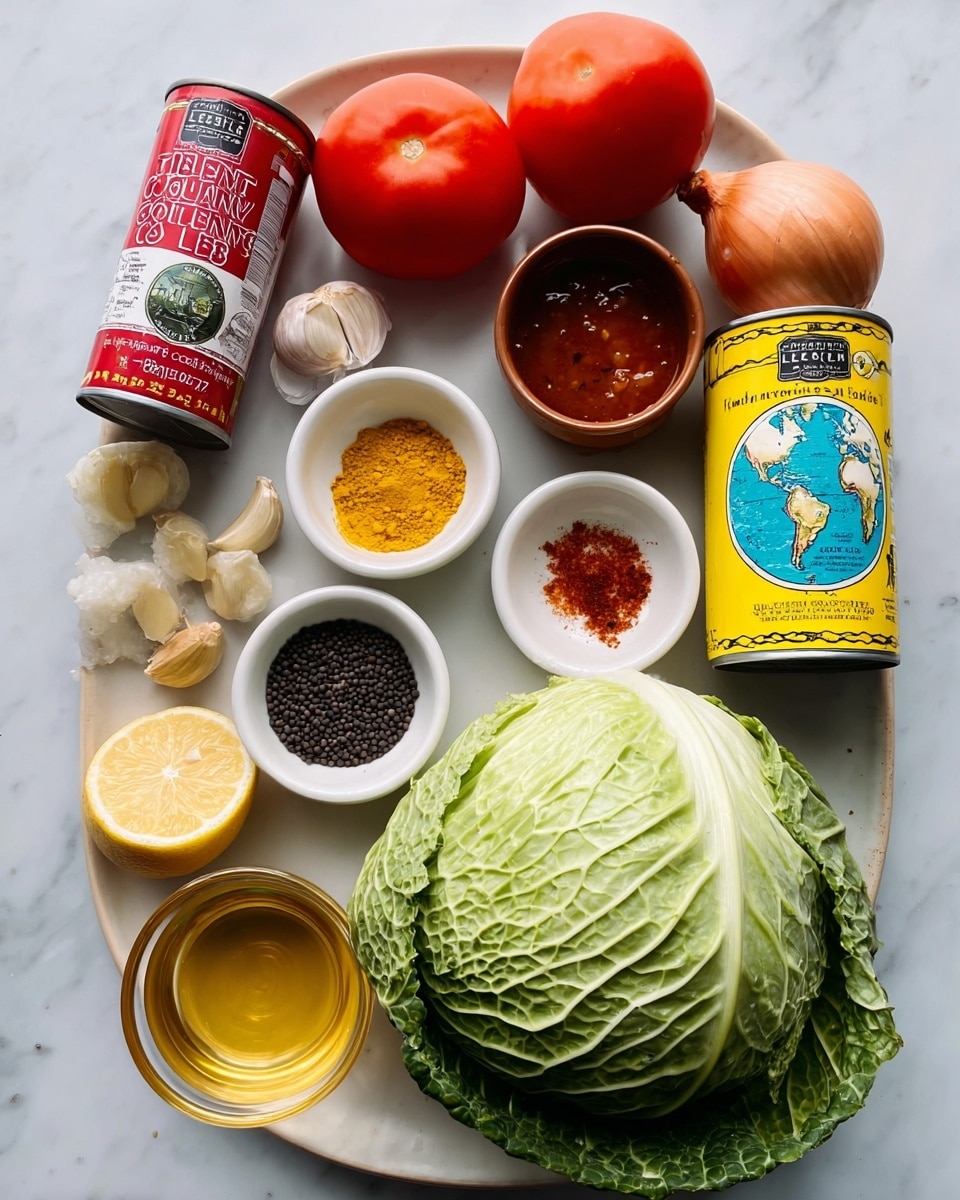 The image shows a white plate with various cooking ingredients arranged neatly. At the bottom center, there is a large green cabbage with visible veiny leaves. Above the cabbage, there is a can of unsweetened coconut milk with a red label and a half coconut image. Next to it on the right is a yellow can of organic black lentils with a blue and green earth design on the label. To the left of the coconut milk can, there are three small white bowls and one small brown bowl: one white bowl contains a yellow powder, another has a red sauce, a third has mixed spices with a red powder and brown powder side by side, and the brown bowl has chopped garlic. There are two small shallots and two Roma tomatoes placed above the small bowls, and a lemon rests near the lentil can. A small clear glass cup with golden liquid is near the bottom left side of the plate. The whole setup is on a white marbled surface. Photo taken with an iphone --ar 4:5 --v 7