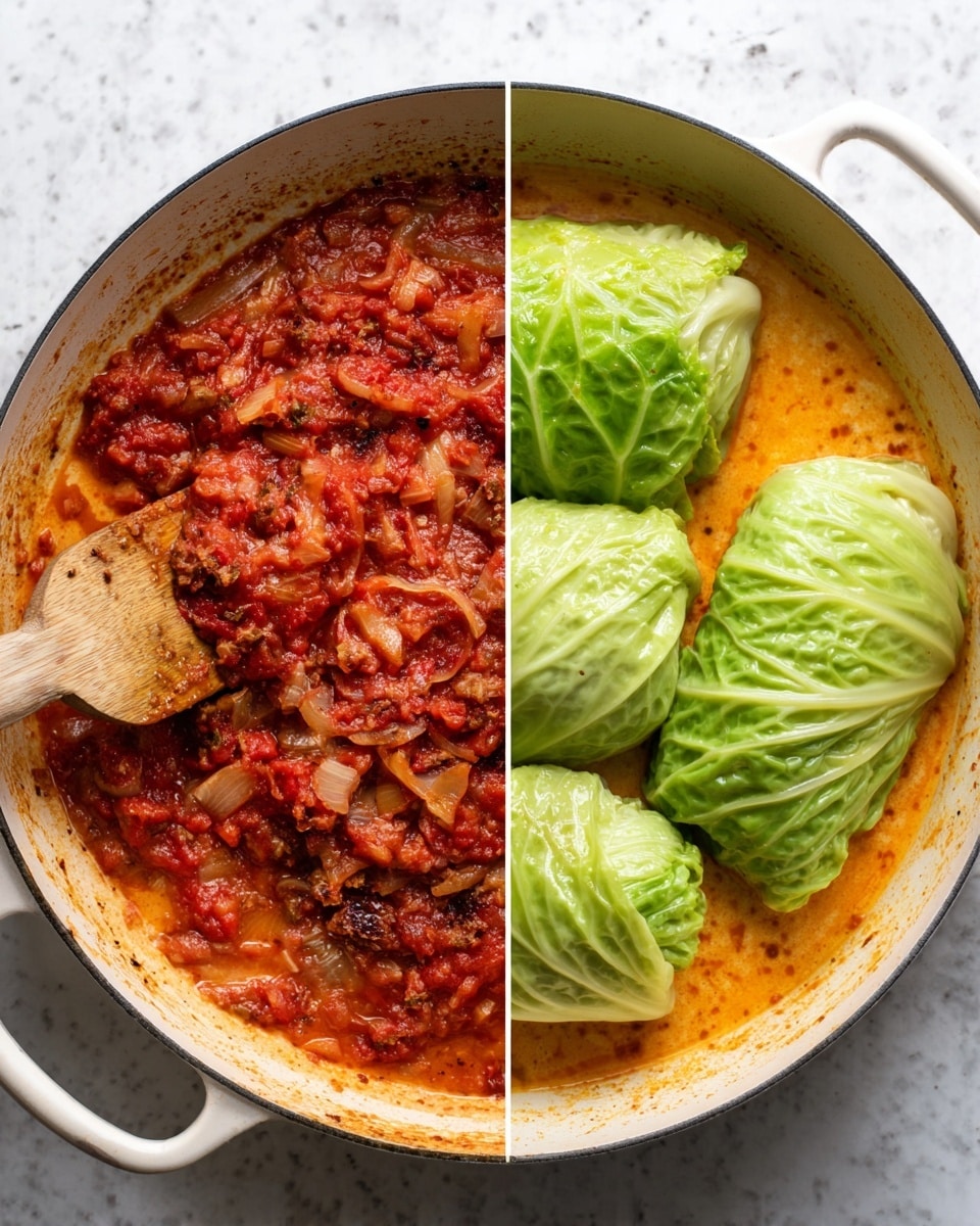 The image shows a cooking pan with two scenes side by side. On the left side, there is a white pan with a thick red sauce made of tomatoes and small pieces of browned meat mixed with visible onion slices; a wooden spatula is resting inside the pan, covered with the sauce. On the right side, the same white pan contains three large green cabbage leaves filled and shaped into rolls, placed in a creamy orange liquid that partially covers the rolls. The background is a white marbled texture. photo taken with an iphone --ar 4:5 --v 7