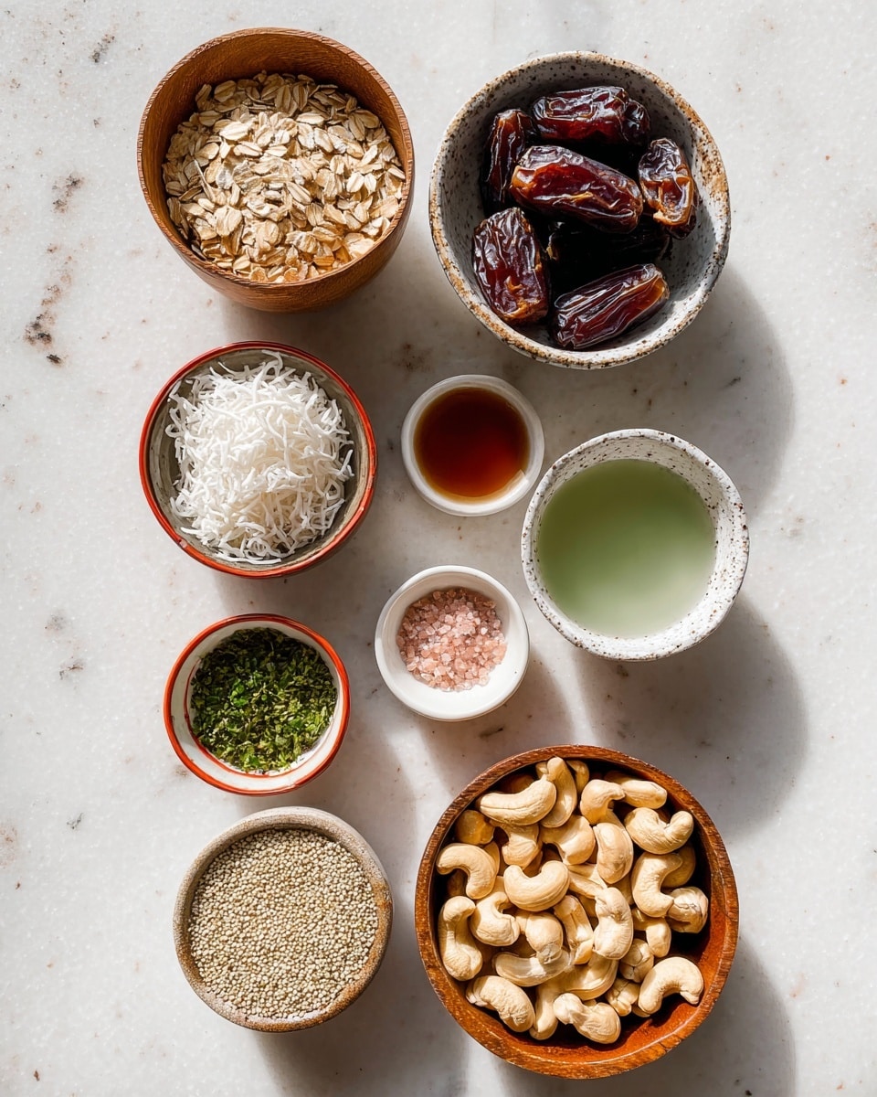Nine bowls hold different ingredients arranged on a white marbled surface. The largest bowl at the bottom right is filled with whole cashew nuts, light tan in color with smooth textures. To its left are two medium wooden bowls, the upper one with light brown rolled oats and the lower one with white shredded coconut, soft and flaky. Above these, a smaller rustic speckled white bowl contains dark brown, wrinkled dates. To the right of the dates are three small white bowls with reddish outer rims; the top contains dark amber syrup, the middle pale green liquid, and the bottom finely chopped bright green herbs. Above these is a small rustic speckled white bowl with pinkish coarse salt. In the center, below the small salt bowl, is a wooden bowl filled with light greenish-white hemp seeds. The light flows softly, casting mild shadows. photo taken with an iphone --ar 4:5 --v 7