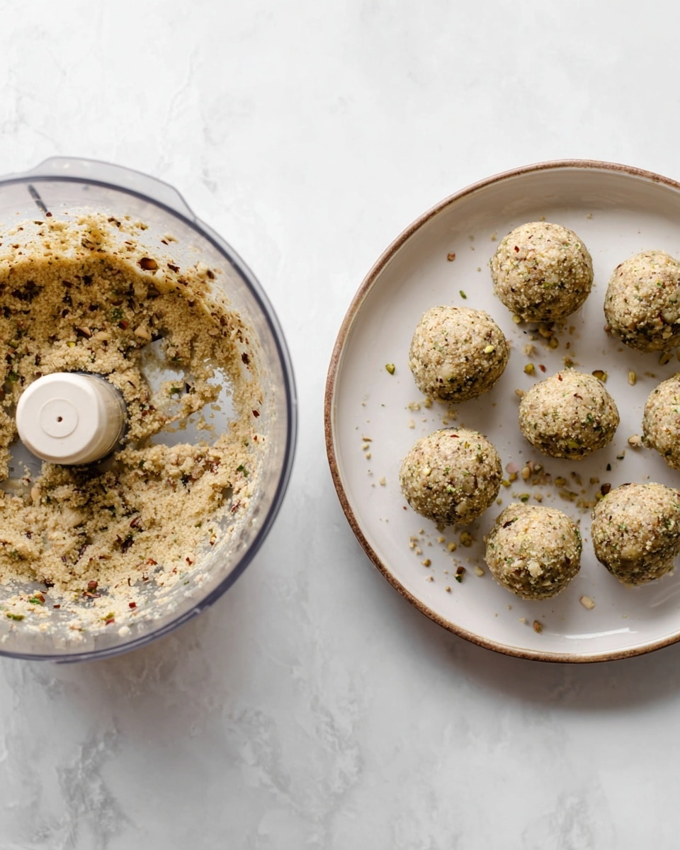 The image shows two scenes side by side on a white marbled surface. On the left is a clear food processor bowl filled with a beige mixture speckled with green and brown bits, with some residue clinging to the sides. On the right, there is a white round plate with a brown rim holding ten evenly spaced, round balls made from the same mixture; they have a coarse texture with visible small pieces of nuts and herbs. Photo taken with an iphone --ar 4:5 --v 7
