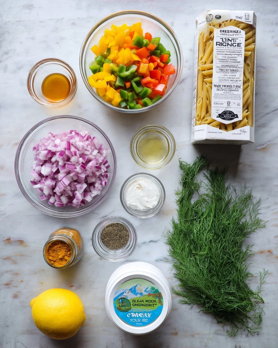 The image shows an arrangement of cooking ingredients on a white marbled surface. At the top left, there is a clear bowl filled with small cubes of yellow, green, red, and orange bell peppers, creating a colorful mix. Below it, another clear bowl holds finely chopped red onions with white and purple pieces. To the right of the top bowl is a white box of Penne Rigate pasta with a small window showing the uncooked pasta inside. Below the box is a white container of Greek yogurt with green and blue labeling. In the middle of the image, there are three small clear bowls in a row: the left one contains honey, the middle one has minced garlic, and the right one holds salt and black pepper. At the bottom left, there is a small jar of curry powder, and next to it is a bright yellow lemon. On the bottom right, there is a bunch of fresh green dill with feathery leaves. photo taken with an iphone --ar 4:5 --v 7