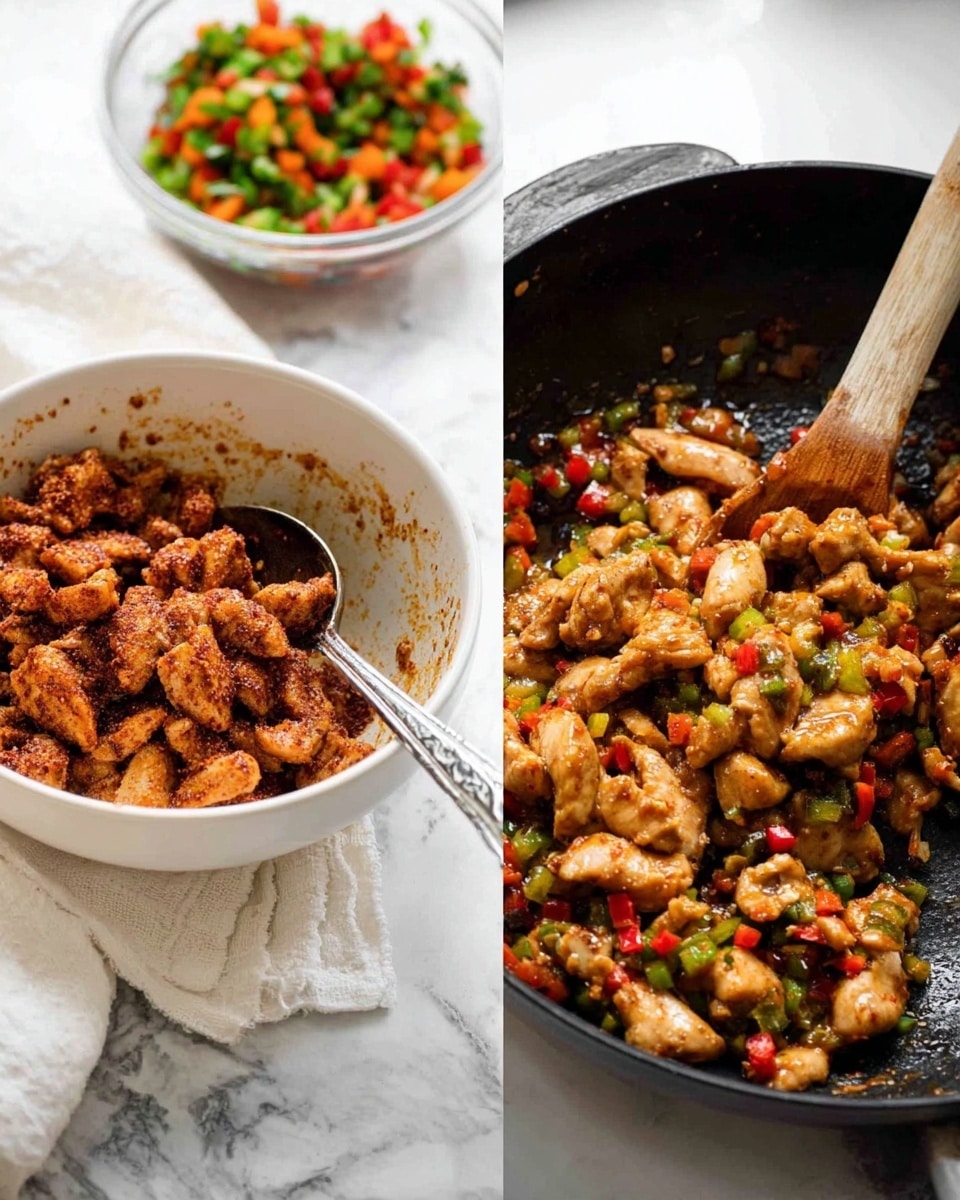 The image shows two parts: on the left, there is a white bowl with pieces of raw, seasoned chicken that have a reddish-brown color with visible spices, and a silver spoon inside the bowl resting on a white cloth over a white marbled surface. Behind the bowl is a glass bowl filled with finely chopped red, green, and orange vegetables. On the right side of the image, there is a black pan with cooked chicken pieces mixed with small diced red and green vegetables, showing a glossy and slightly browned texture as a wooden spoon stirs the mixture. The background under the pan is the same white marbled surface. photo taken with an iphone --ar 4:5 --v 7