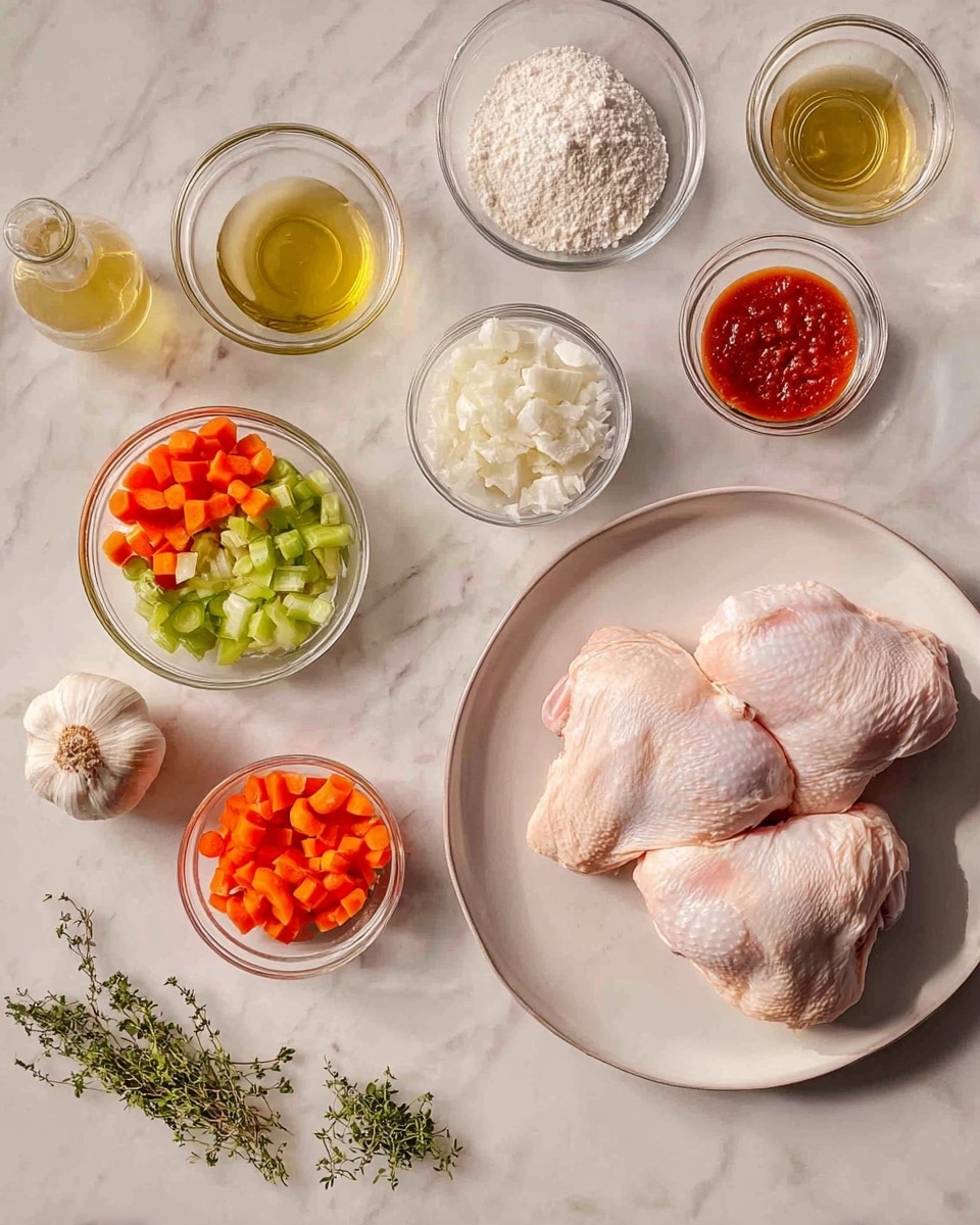 The image shows cooking ingredients arranged neatly on a white marbled surface. In the center, there is a white plate holding two large raw chicken pieces with pale pink skin. Around the plate are several small clear glass bowls containing chopped carrots and celery with a mix of orange and green, white chopped onions, white flour, salt and black pepper, a whole garlic bulb, an amber liquid likely vinegar or broth, a small amount of olive oil, and red tomato paste. At the bottom left, some fresh green herbs lie on the surface. The scene has a clean, organized look with natural lighting. Photo taken with an iphone --ar 4:5 --v 7