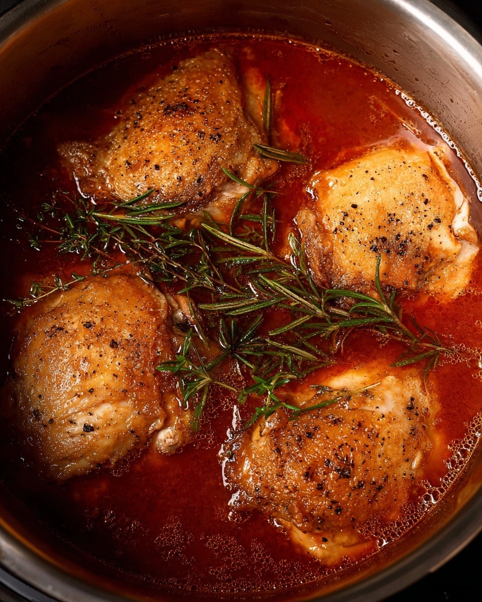 Inside a large metal pot, there are four golden-brown pieces of chicken skin side up, partially submerged in a rich, reddish-brown sauce. The chicken pieces have a crispy texture with some black pepper sprinkled on top. Around and on top of the chicken, there are green sprigs of fresh herbs like rosemary and thyme, adding an earthy touch. The broth is slightly oily with some small bubbles near the edges of the pot. photo taken with an iphone --ar 4:5 --v 7