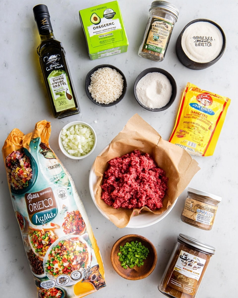 The image shows a variety of cooking ingredients arranged on a white marbled surface. In the center, there is a white bowl lined with brown parchment paper filled with raw red ground meat. Around it, there are several seasoning containers including white onion powder, garlic powder, ground cumin, paprika, and a yellow packet of taco seasoning. There is a small white bowl with chopped white onions and a tiny wooden bowl with green chopped scallions. A box of green organic chicken broth and a round black container of white queso are placed near the top. On the left side, there is a bottle of organic avocado oil with a green avocado illustration on the label and a large bag of organic white rice with colorful food images on the front. At the bottom right corner, a jar of roasted chicken stock is visible. All items are neatly placed to show the ingredients clearly. Photo taken with an iphone --ar 4:5 --v 7