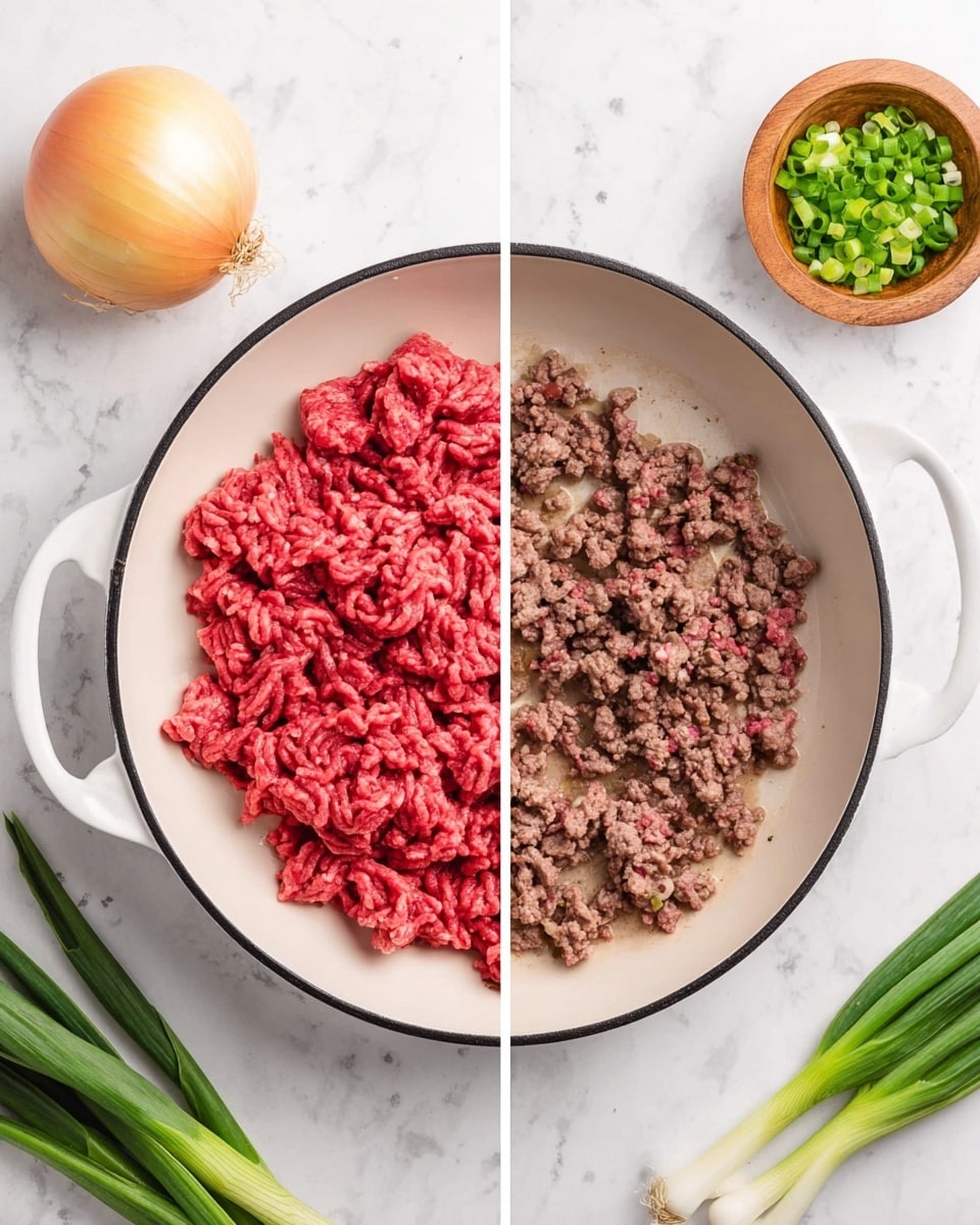 A white pan with a black rim shows two stages of cooking ground beef placed side by side on a white marbled surface. On the left, the raw beef is bright red, piled loosely in the center of the pan. Above and around the pan, there is a whole round yellow onion to the left, a small wooden bowl filled with chopped green onions above, and a bunch of fresh green onions with white bulbs on the right. On the right side, the same pan contains cooked ground beef, now brown with some pink parts and some juices at the bottom, evenly spread out in the pan. The same white marbled surface and surrounding items are visible. photo taken with an iphone --ar 4:5 --v 7
