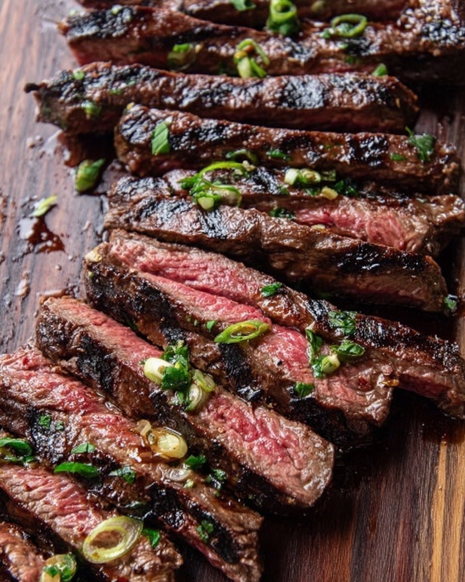 The image shows several slices of grilled steak arranged on a dark wooden surface. Each slice reveals a pink center with a seared, dark brown outer layer, indicating medium-rare cooking. The meat is garnished with small pieces of green herbs and light green sliced spring onions scattered on top. The texture of the steak looks juicy with grill marks visible on the surface. The background is a white marbled texture. Photo taken with an iphone --ar 4:5 --v 7