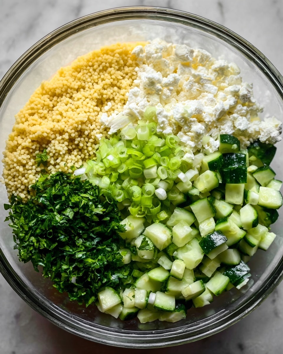 A clear glass bowl filled with five separate layers of ingredients arranged side by side. Starting from the top left, there are small yellow couscous pearls with a smooth texture, followed by a white crumbly layer of cheese. Next is a layer of thinly sliced light green scallions, then small green cucumber cubes with a smooth surface. The last layer on the bottom right consists of finely chopped fresh green herbs. The bowl sits on a white marbled surface, photo taken with an iphone --ar 4:5 --v 7
