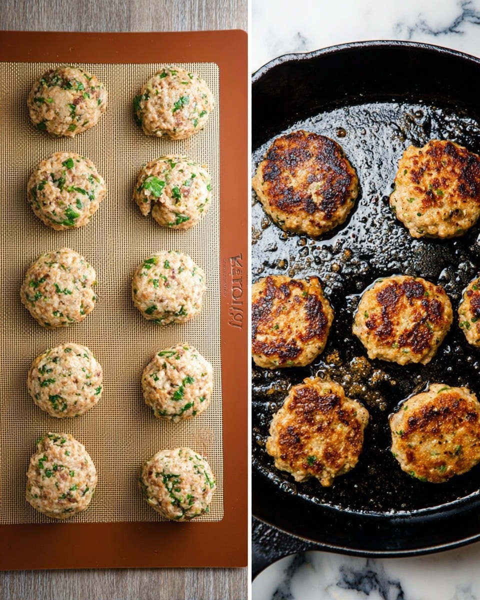 The image shows two side-by-side scenes: on the left, there are thirteen uncooked round patties placed on a brown silicone baking mat with green herb and meat bits mixed in, giving them a light brown and green speckled texture; on the right, seven browned patties are cooking in a black cast iron pan with a shiny, oily surface and darker crispy spots, all sitting on a white marbled surface. photo taken with an iphone --ar 4:5 --v 7