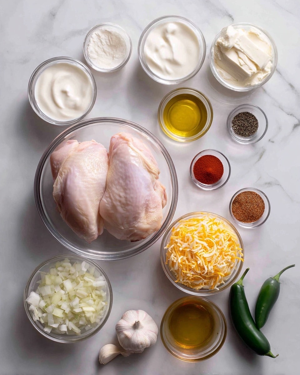 The image shows several clear glass bowls arranged on a white marbled surface. In the center is a bowl with two pieces of raw chicken with light pink skin. Above it are three bowls with white sour cream, light golden oil, and thick white cream-like cheese. To the right are three small bowls with white salt, dark black pepper, and red paprika powder. Below, there is a bowl filled with a mix of shredded yellow and white cheese, a bowl with small chopped white onions, and two jalapeño peppers placed to the right on the surface. Other small bowls hold spices in brown and yellow shades. Three garlic cloves are seen near the bottom right. photo taken with an iphone --ar 4:5 --v 7