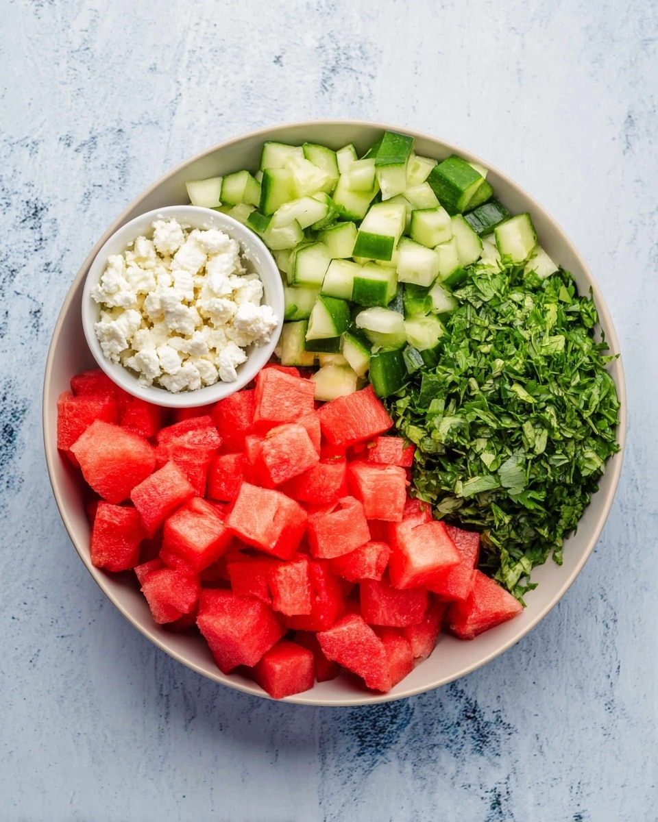 A white bowl filled with four sections of fresh ingredients on a white marbled surface: bright red watermelon cubes take up the bottom half, while the top half is split into three parts—a pile of green chopped cucumber pieces on the right, a heap of finely chopped green herbs next to the watermelon, and a small white cup filled with crumbly white cheese on the left. The textures range from juicy and rough watermelon to crisp cucumbers and soft, crumbly cheese, all arranged clearly and separately. Photo taken with an iphone --ar 4:5 --v 7