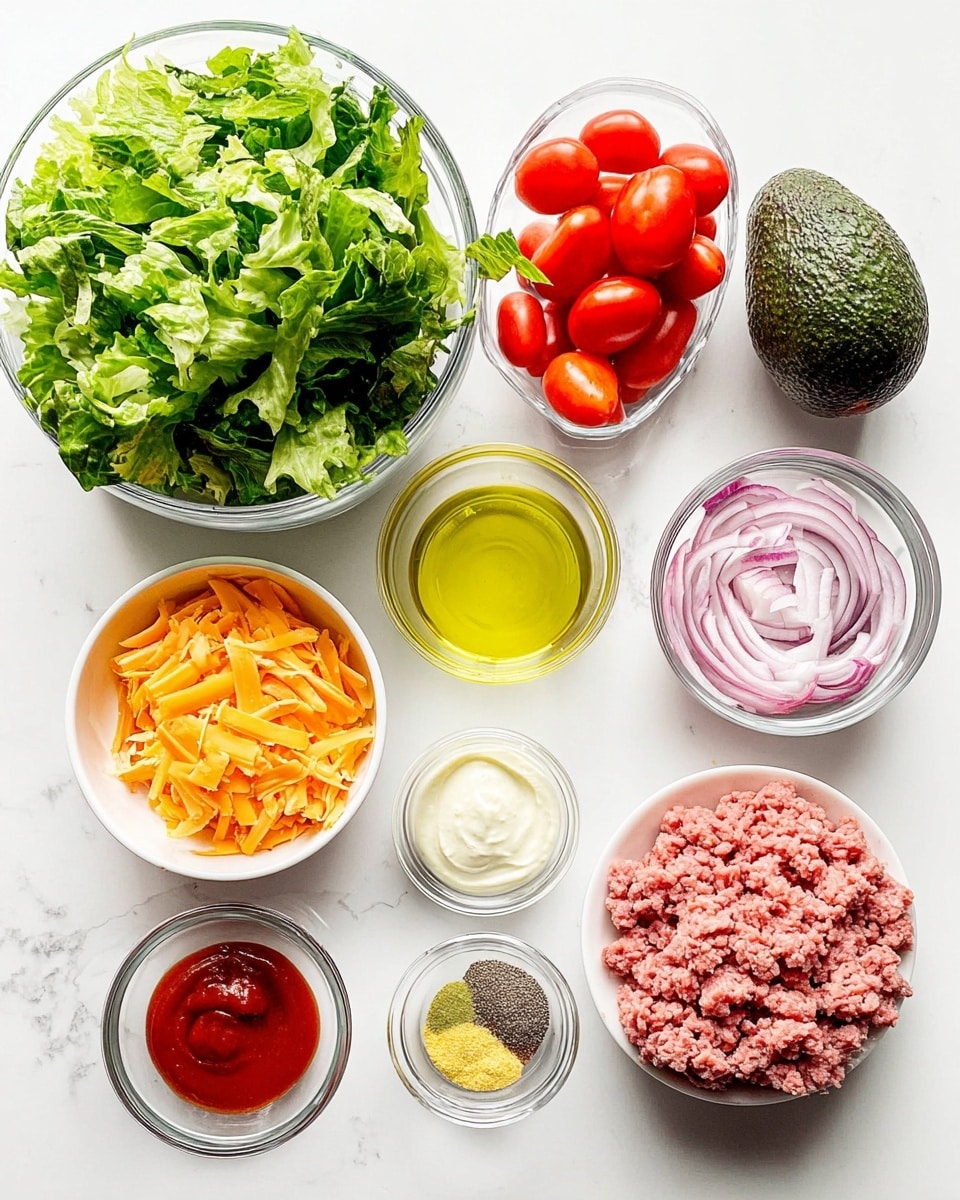 The image shows a variety of fresh ingredients neatly arranged on a white marbled surface. On the left is a large clear glass bowl full of chopped green leafy lettuce, with a whole dark green avocado just below it. Next to these is a small white bowl filled with shredded orange cheddar cheese. Below the cheese is a small clear bowl holding light yellow olive oil. In the center, there are two clear glass bowls stacked vertically: the top contains halved red cherry tomatoes, and the bottom has a creamy white sauce. To the right of these are three small clear dishes in a row, holding pink salt, yellow mustard, and black pepper. A wider clear bowl filled with pink ground meat sits to the far right. Above this is a small white bowl with thin slices of red onion, and a small clear bowl containing red ketchup is placed between the onion and the ground meat. photo taken with an iphone --ar 4:5 --v 7