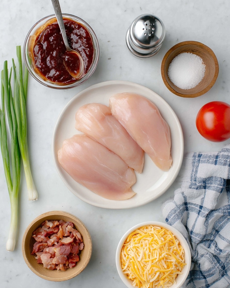 The image shows a white plate with four pale pink raw chicken fillets arranged side by side, centered on a white marbled surface. Above the plate, there is a small glass bowl filled with thick, dark red sauce with a silver spoon resting on a glass lid next to it. To the right of the plate, there is a small wooden bowl containing white salt crystals and a metal pepper grinder, with a whole red tomato nearby. Below the plate, to the right, a white cup-like bowl holds a pile of shredded yellow cheese. To the left of the plate, a small wooden bowl holds diced pieces of bacon. Next to the bowl of bacon, there are three fresh green onions lying horizontally above a blue and white checkered cloth. Photo taken with an iphone --ar 4:5 --v 7