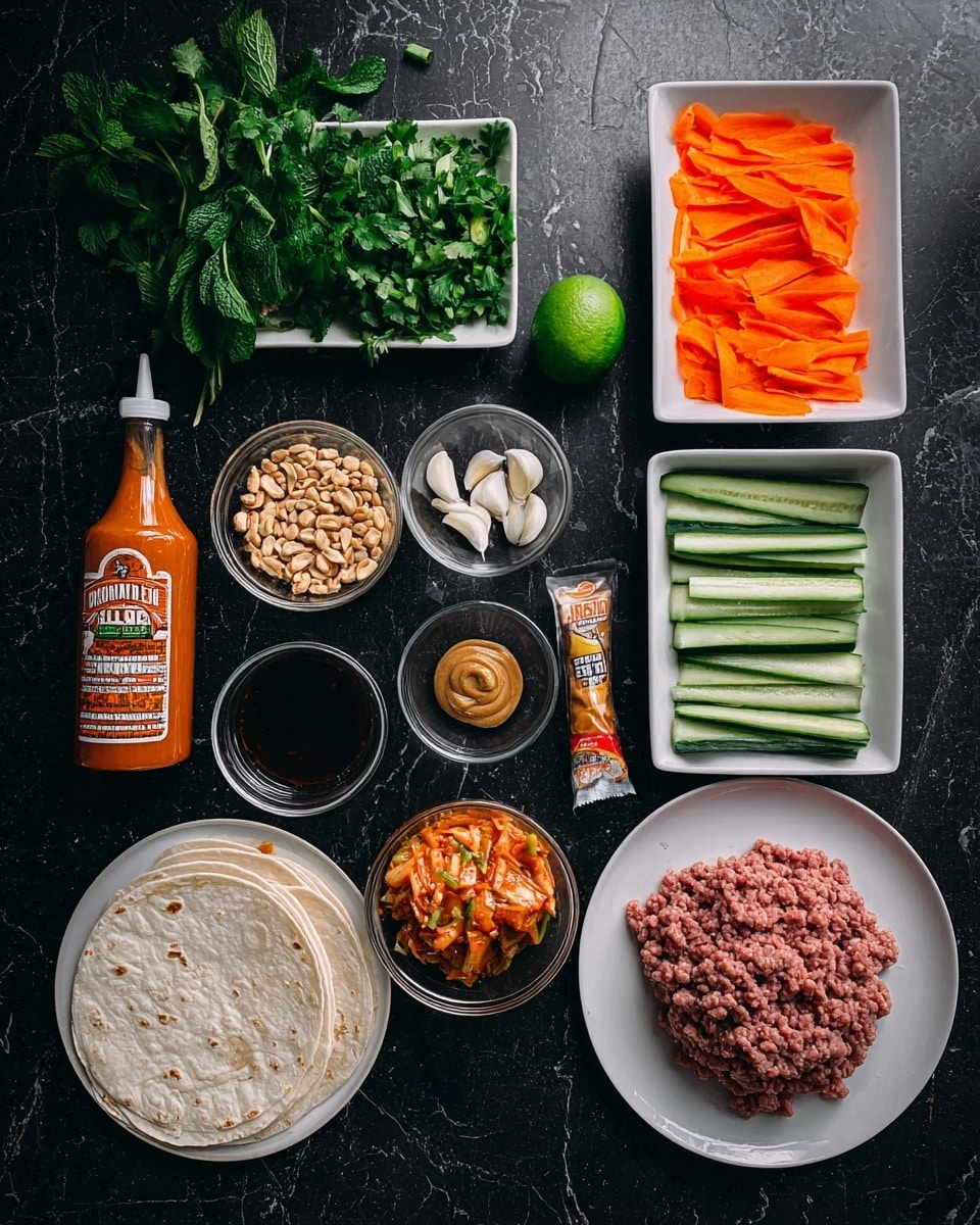The image shows a flat lay of cooking ingredients on a dark table with a white marbled texture background. There are fresh green herbs like mint, cilantro, and green onions placed in a white rectangular dish near the top center. To the right, another white rectangular dish holds thin slices of orange carrots and green cucumber. Below this are several peeled garlic cloves and a tube of ginger paste. A small bowl with a brown sauce and a glass bowl with a dark liquid are beside the garlic. To the left, a bottle of sriracha mayo sauce stands next to clear bowls filled with chopped peanuts and light brown sugar. At the bottom, a round stack of soft white tortillas lies near a white plate with a large mound of raw ground meat. A small glass bowl holds a dollop of thick peanut-like sauce, while another bowl contains a chunky mix of orange kimchi. A green whole lime is displayed near the top left. Photo taken with an iphone --ar 4:5 --v 7