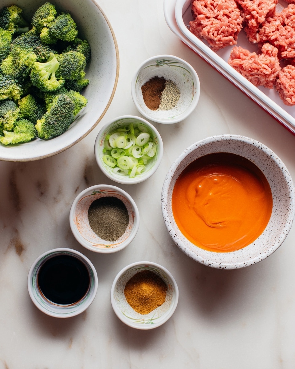 The image shows several bowls and containers with different ingredients placed on a white marbled surface. On the left, there is a large white bowl filled with chopped green broccoli. Next to it, towards the right, there is a white speckled bowl with a smooth, bright orange sauce inside. Below the bowls, there are smaller white bowls holding various ground spices of brown and gray colors, black liquid, and sliced green onions. On the right edge, there is a white plastic tray containing raw pink ground meat. Photo taken with an iphone --ar 4:5 --v 7