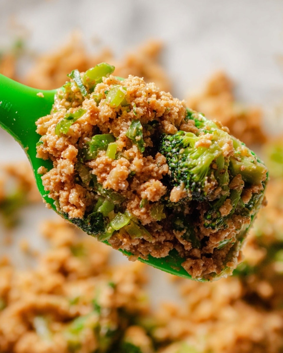A close-up view of a green spatula holding a mixture of small, light brown crumbled pieces with a moist texture, mixed with small, bright green broccoli florets and thin green vegetable slices, all glistening slightly as if coated with sauce. The background shows more of the same mixture in a blurred manner, placed on a white marbled surface. The image focuses on the spatula and the mixed food held on it, showing detailed granules and vegetable texture. Photo taken with an iphone --ar 4:5 --v 7