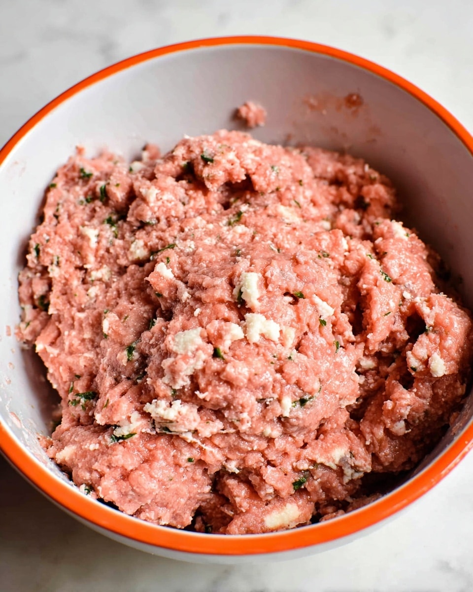 A close-up view of a white bowl with an orange rim filled with a pink mixture of ground meat and white cheese bits, mixed with some green herb flecks, showing a soft and textured surface with small chunks throughout. The bowl is placed on a white marbled surface. photo taken with an iphone --ar 4:5 --v 7