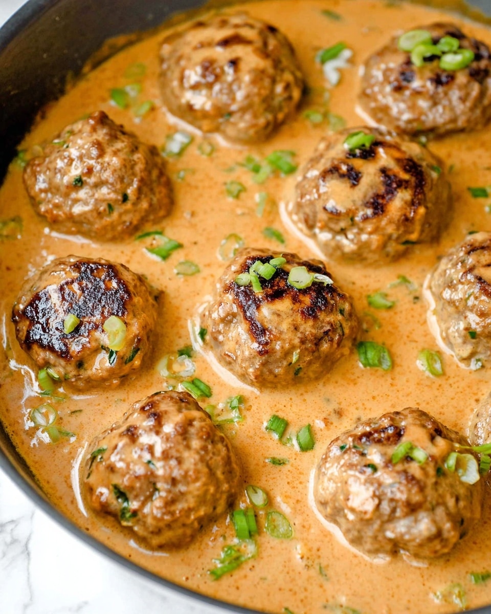 This image shows about ten meatballs in a pan filled with creamy orange-brown sauce. The meatballs are light brown with visible small green herbs inside and slightly charred marks on top. The sauce has a smooth, creamy texture with some bubbles visible, suggesting it is hot. Small pieces of chopped green onions are sprinkled scattered over the meatballs, adding a fresh green color contrast. The background is a white marbled texture. photo taken with an iphone --ar 4:5 --v 7