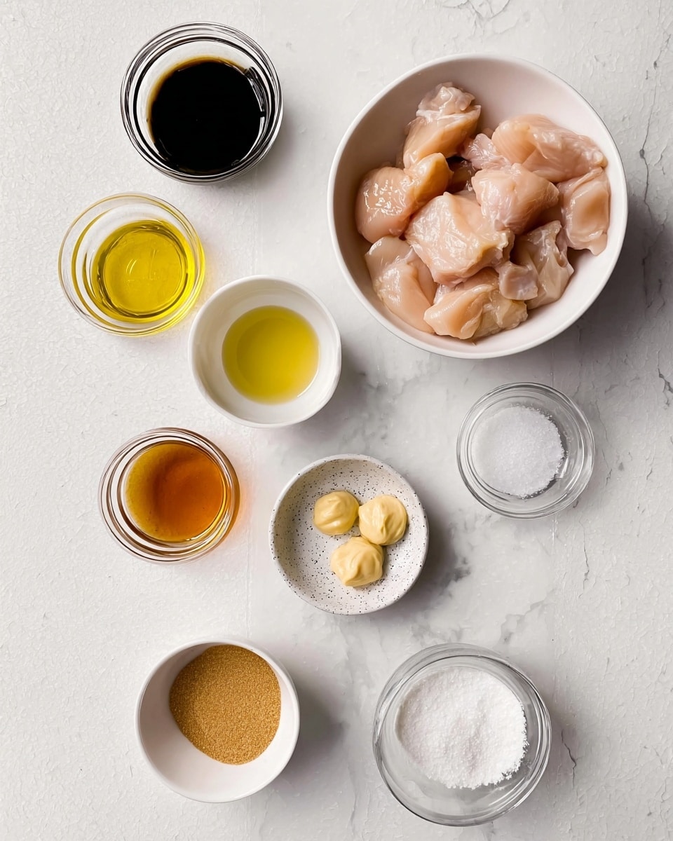 The image shows a white bowl at the top right filled with raw chicken pieces that are pale pink and slightly shiny. Around it on a white marbled surface are small white bowls and clear glass containers holding different ingredients: dark brown soy sauce in a jar at the top left, light yellow oil at the bottom left in a white bowl, golden brown sugar in a white bowl at the bottom right, a clear liquid in a small glass above the sugar, an amber-colored liquid in a small white bowl left center, a clear glass with white powder (baking soda) at the bottom center, and a small white speckled dish in the center holding two small dollops of light yellow and pale golden pastes. Photo taken with an iphone --ar 4:5 --v 7