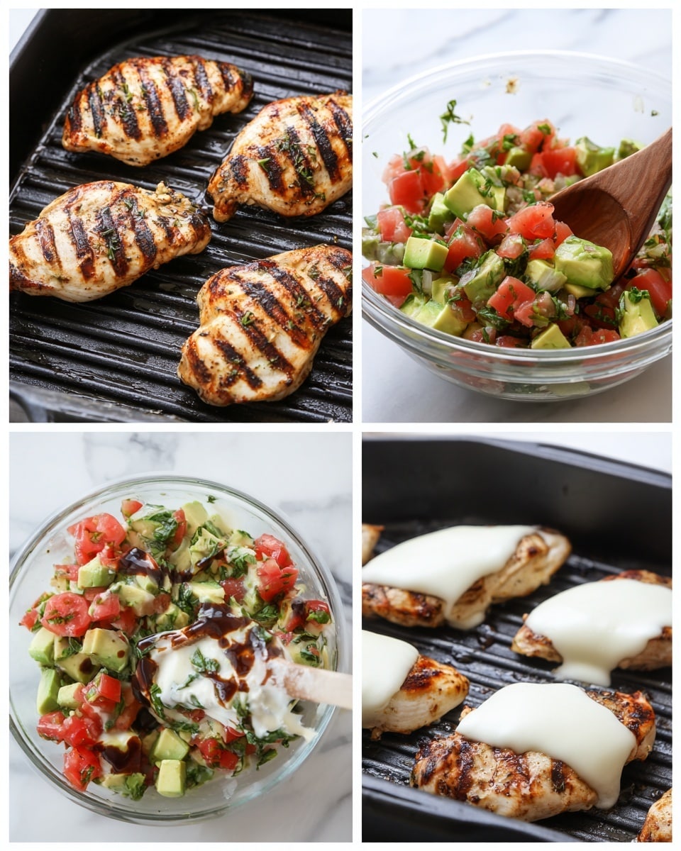The image set shows four scenes of grilled chicken with layers and toppings. The first scene shows five pieces of grilled chicken with dark grill marks on a black grill surface. The chicken is golden brown with some herbs visible on the surface. The second scene shows a clear glass bowl with chunky salsa made of diced red tomatoes, green avocado, and green leafy herbs mixed together with a wooden spoon inside the bowl, placed on a white marbled surface. The third scene shows the same grilled chicken pieces now on a black grill pan, each topped with a smooth thick layer of melted white cheese that starts to drip on the edges. The last scene shows a close-up of a spoon lifting chunky salsa made of diced red tomatoes, green avocado, and leafy green herbs from the bowl onto the grilled chicken topped with melted cheese, with a drizzle of thick dark sauce on some pieces below. All images have a bright, clean look with focus on the food’s texture and color. photo taken with an iphone --ar 4:5 --v 7