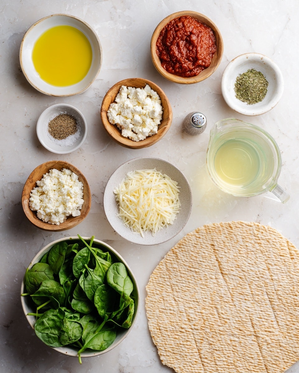 The image shows ingredients for a dish arranged neatly on a white marbled surface. On the right side is a large, flat piece of matzo with a light tan color and a textured pattern. Surrounding it are small bowls and a measuring cup: a wooden bowl with red tomato paste, a white bowl with yellow olive oil, a small wooden bowl with a light brown powder, a white bowl filled with crumbly white cheese, a white bowl full of fresh green spinach leaves, a small white bowl containing dried green herbs, a white plate holding salt and pepper, a white bowl with shredded white cheese, and a glass measuring cup with pale yellow liquid. The colors range from bright green to red, pale yellow, and white, creating a fresh and clean look. Photo taken with an iphone --ar 4:5 --v 7