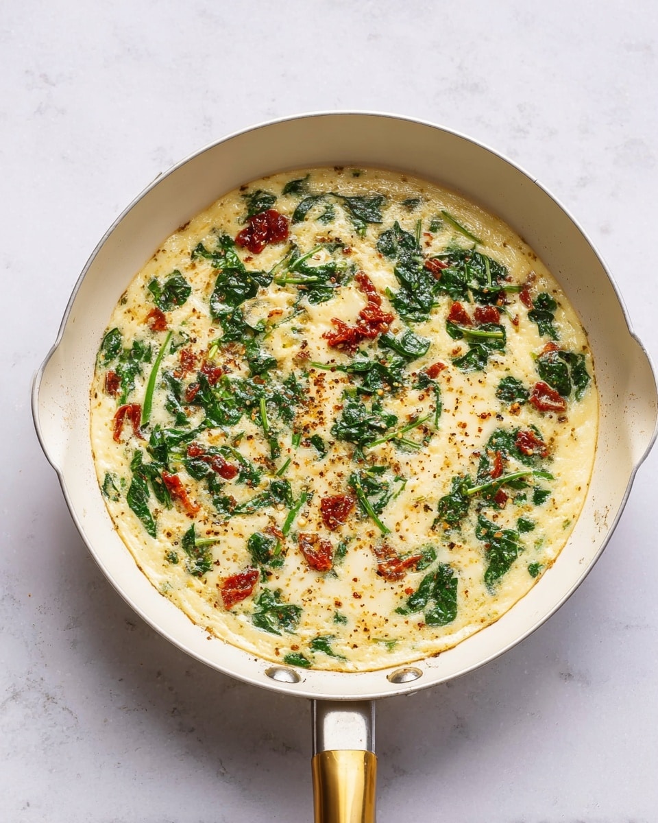A thin egg base forms the bottom layer in a white frying pan with a gold handle, topped with scattered pieces of bright green spinach and small patches of red sun-dried tomatoes, all evenly mixed into the egg. The surface has slight browning from cooking, with tiny flecks of black pepper and light golden seasoning sprinkled across. The pan rests on a white marbled textured surface, showing a clean and fresh cooking scene. photo taken with an iphone --ar 4:5 --v 7