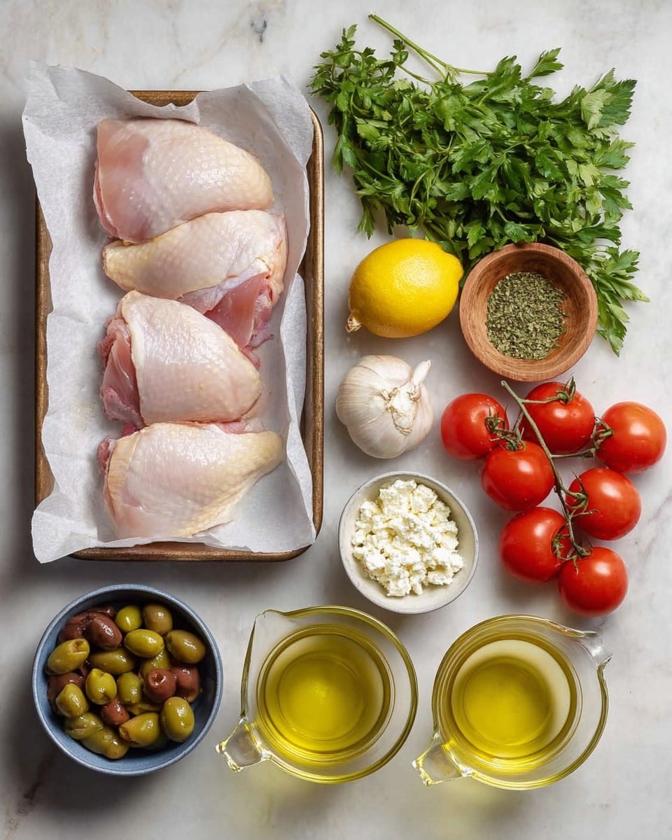 The image shows four raw chicken pieces in a tray lined with white paper on the left side. To the right, there are various ingredients: a bunch of fresh green parsley next to a whole yellow lemon, a small white bowl with a garlic paste, a wooden bowl with dried green herbs, a white bowl with crumbled white cheese, a clear glass bowl with green olives, a whole red onion, and a vine with five red tomatoes. At the bottom right are two glass measuring cups filled with light yellow liquids, placed on a white marbled surface. photo taken with an iphone --ar 4:5 --v 7