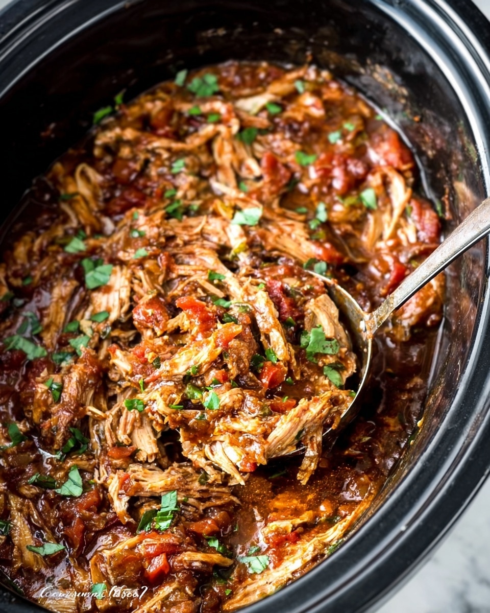 A slow cooker filled with shredded meat mixed in a rich, chunky sauce made of red and brown colors, with visible green herbs sprinkled on top. The food has a juicy and tender texture, with bits of tomato and spices showing throughout. A metal ladle is scooping some of the meat and sauce, showing the layers of tender meat, sauce, and fresh herbs inside. The cooker sits on a white marbled surface. photo taken with an iphone --ar 4:5 --v 7