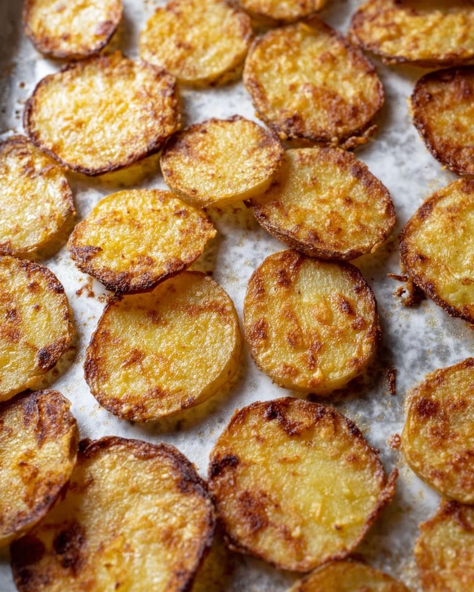 A baking tray filled with many round potato slices that have been cooked until golden brown and crispy. Each slice has a light brown color with some uneven darker spots showing a crunchy texture. The edges are a bit rough but cooked evenly, and the slices lie flat across the tray with a slightly shiny surface from oil. The background is a white marbled texture. photo taken with an iphone --ar 4:5 --v 7