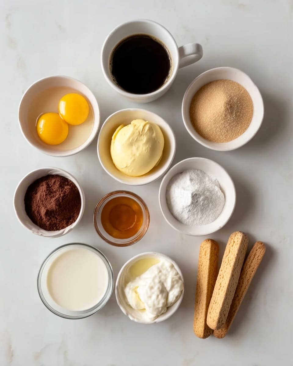 The image shows nine white bowls and glasses arranged on a white marbled surface, each with different ingredients. At the top left, a white bowl has two raw egg yolks. Next to it on the right is a white creamer filled with dark coffee. Below the egg yolks, another white bowl contains a scoop of butter or cream, and to its right is a bowl with light brown sugar. Below them, a small glass contains amber syrup, a white bowl with a thick white cream, and a white creamer with milk are placed. At the bottom left, a clear bowl has dark brown cocoa powder, and on the right, three ladyfinger biscuits rest side by side. The colors vary from bright yellow and white to brown, creating a balanced and neat layout. photo taken with an iphone --ar 4:5 --v 7