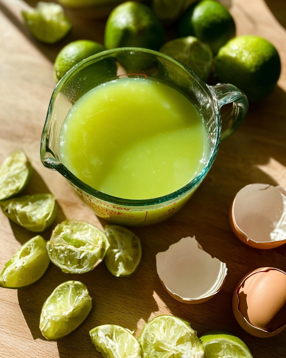 A clear glass measuring cup filled with bright green lime juice sits on a wooden surface with natural sunlight casting shadows. Around the measuring cup, there are many halved and squeezed limes showing their pale green, juicy interiors. To the right side, there are some broken eggshells with light brown and white colors visible. The overall scene is simple and fresh, with a clear focus on the lime juice in the measuring cup. photo taken with an iphone --ar 4:5 --v 7