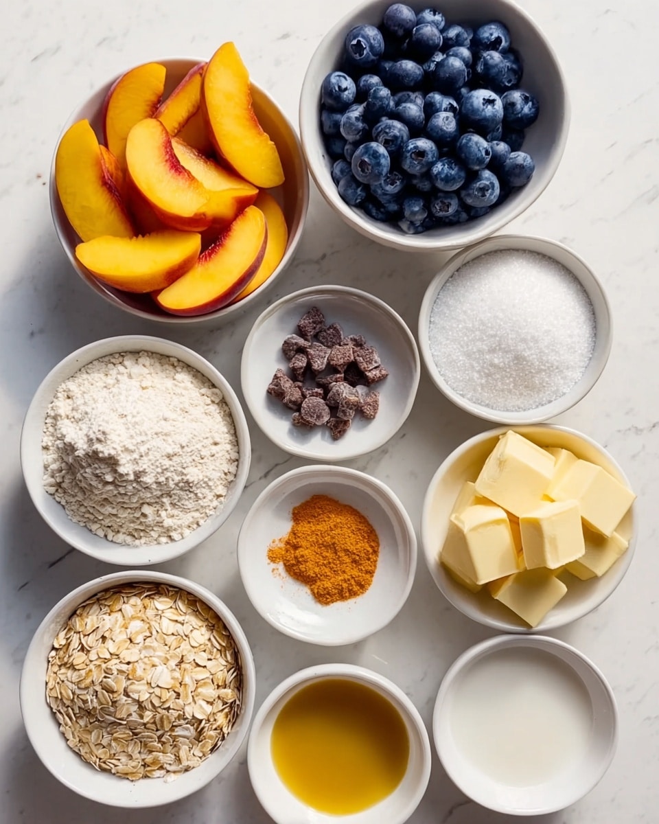 The image shows multiple small white bowls arranged neatly on a white marbled surface, each containing different baking ingredients. Starting from the top left, there is a bowl filled with bright yellow peach slices with red edges, next to it a bowl full of plump, deep blue blueberries. Below these, a bowl of white granulated sugar is placed next to another bowl with small, dark brown dried pieces. To the left of the sugar bowl is a bowl full of white flour with a slightly coarse texture. In the center bottom area, a small bowl holds a fine orange spice, likely cinnamon or similar. Below that, a smaller bowl of white salt sits next to a bowl filled with golden yellow oats. In the bottom left corner, there are thick, pale yellow cubes of butter. Moving right, a small bowl of white powder, possibly baking powder, is beside a bowl of clear golden liquid, likely cooking oil. The clean arrangement highlights the textures and colors of each ingredient clearly. Photo taken with an iphone --ar 4:5 --v 7