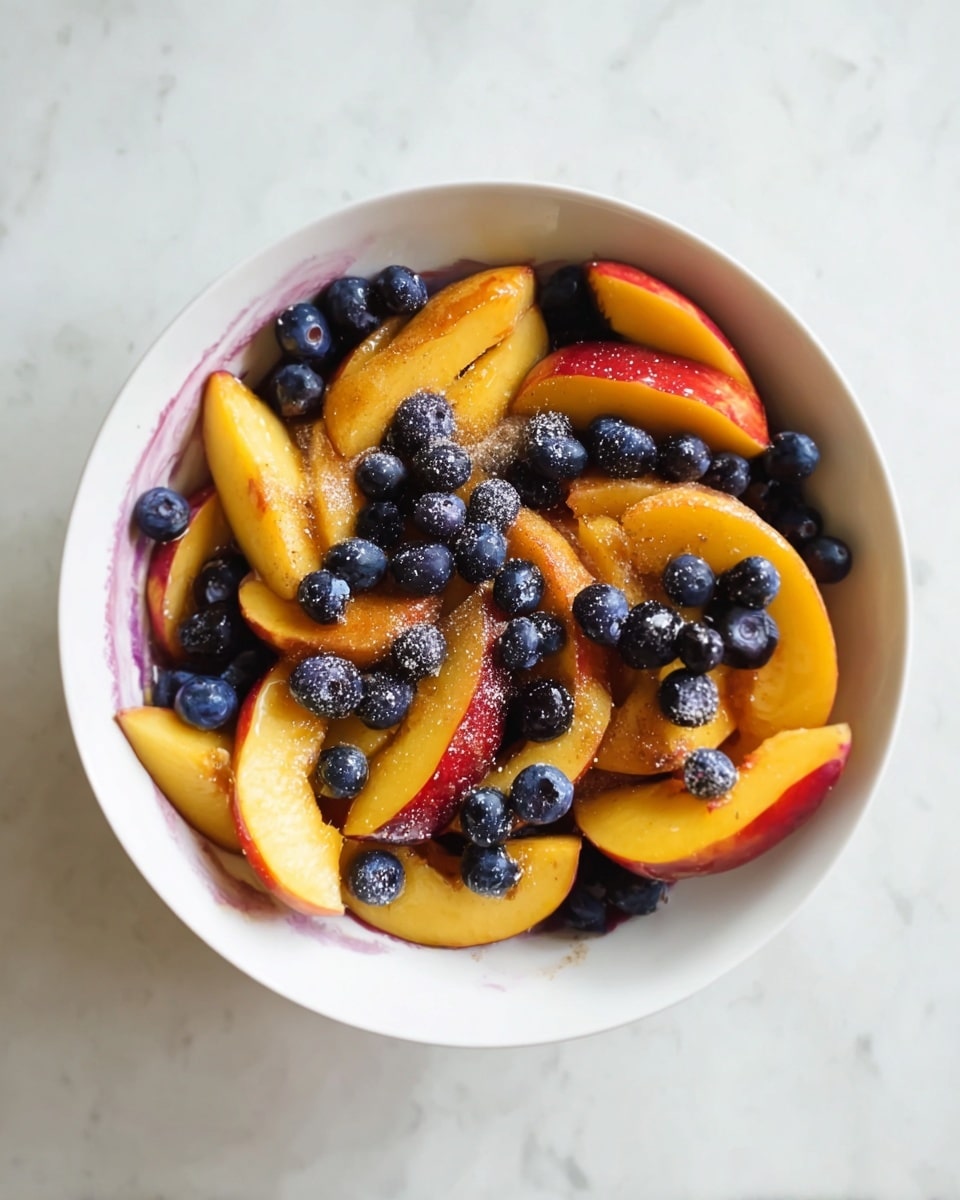 A white bowl filled with thick yellow peach slices with red edges mixed with round deep blue blueberries. The fruits are sprinkled with a light dusting of white powder and brown cinnamon powder, creating a soft texture contrast. The bowl is placed on a white marbled surface, and the inside edge of the bowl shows some purple juice stains from the fruits. photo taken with an iphone --ar 4:5 --v 7