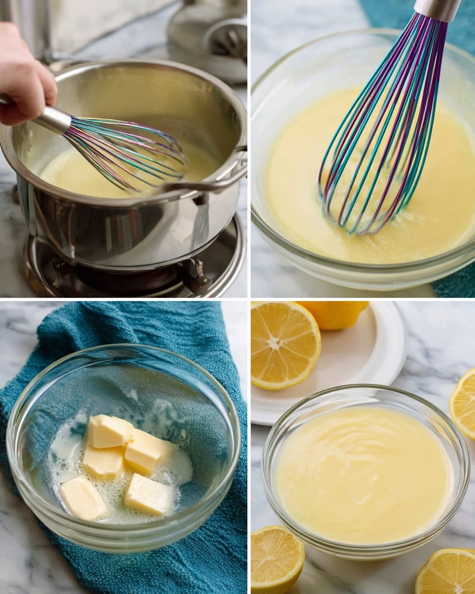 The image is split into four parts showing the process of making lemon curd. The top left shows a woman’s hand holding a glass bowl set above a metal pot on a stove, likely a double boiler setup, with a white marbled surface background. The top right shows a close-up of a colorful whisk stirring a light yellow, frothy mixture inside a clear glass bowl. The bottom left shows the same bowl with the whisk mixing in small blocks of pale yellow butter, with a blue towel underneath the bowl on the white marbled surface. The bottom right shows a clear glass bowl filled with smooth, thick, pale yellow lemon curd placed on a white plate, with slices of lemon and a blue cloth in the background, all on the white marbled surface. photo taken with an iphone --ar 4:5 --v 7
