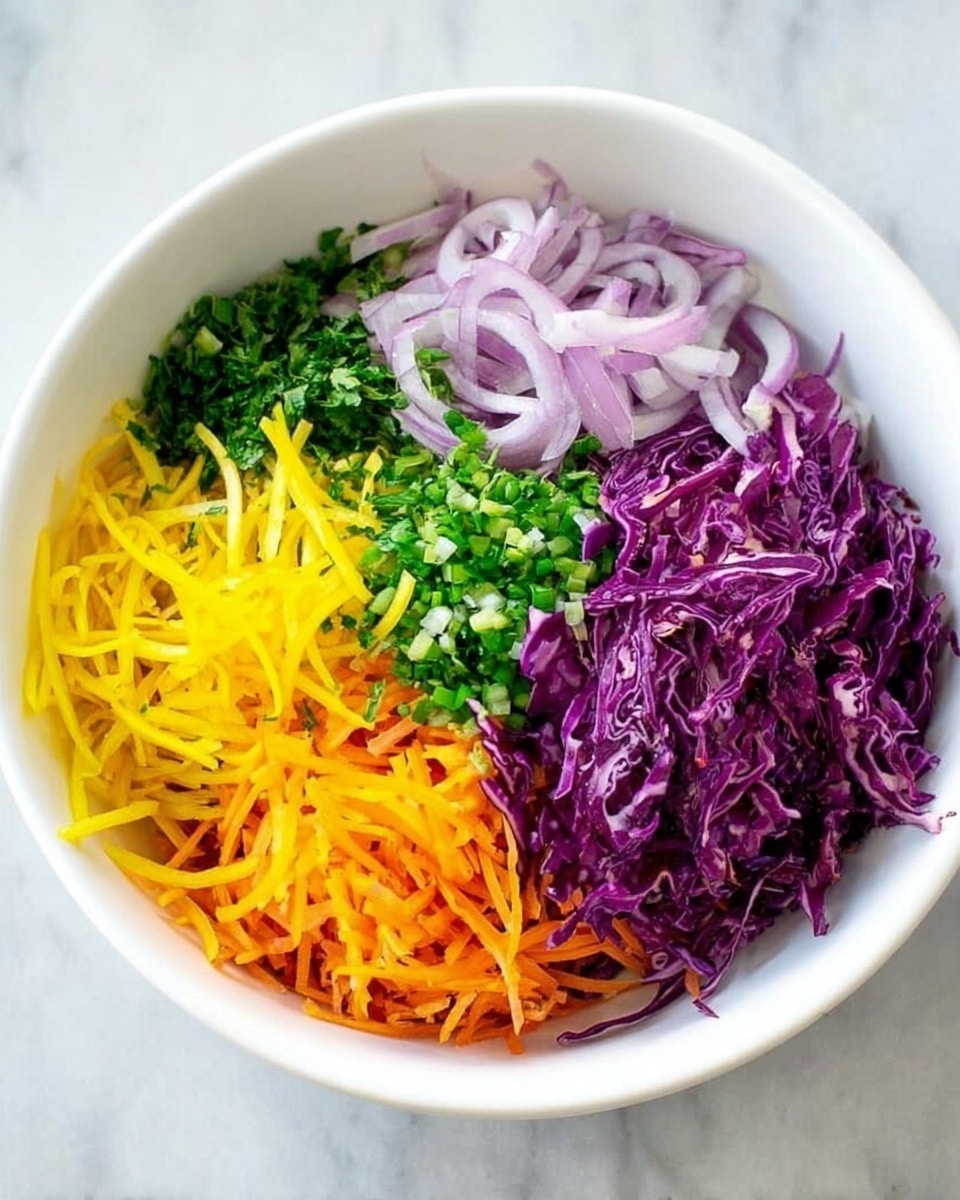 A white bowl filled with five separate layers of sliced vegetables: bright yellow thin strips on the left, chopped green herbs at the top, pale purple thin onion slices on the right, green small chopped pieces in the top right, and a mix of shredded deep purple cabbage with orange thin carrot strips covering the bottom half. Everything is arranged neatly on a white marbled surface. Photo taken with an iphone --ar 4:5 --v 7