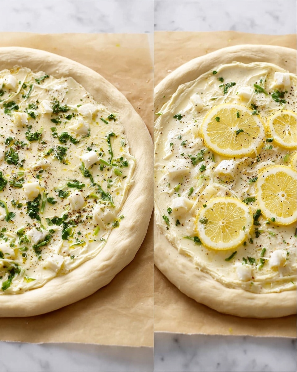 This image shows two uncooked pizzas with a thick, pale dough base and a lightly puffed edge. Both pizzas have a creamy white sauce spread evenly across the surface, with small pieces of green herbs scattered on top. The first pizza is plain, with just the herb sauce layer visible. The second pizza has three thin, translucent lemon slices placed on top, along with uneven chunks of white cheese and a sprinkle of black pepper. Both pizzas are set on parchment paper over a white marbled surface. photo taken with an iphone --ar 4:5 --v 7