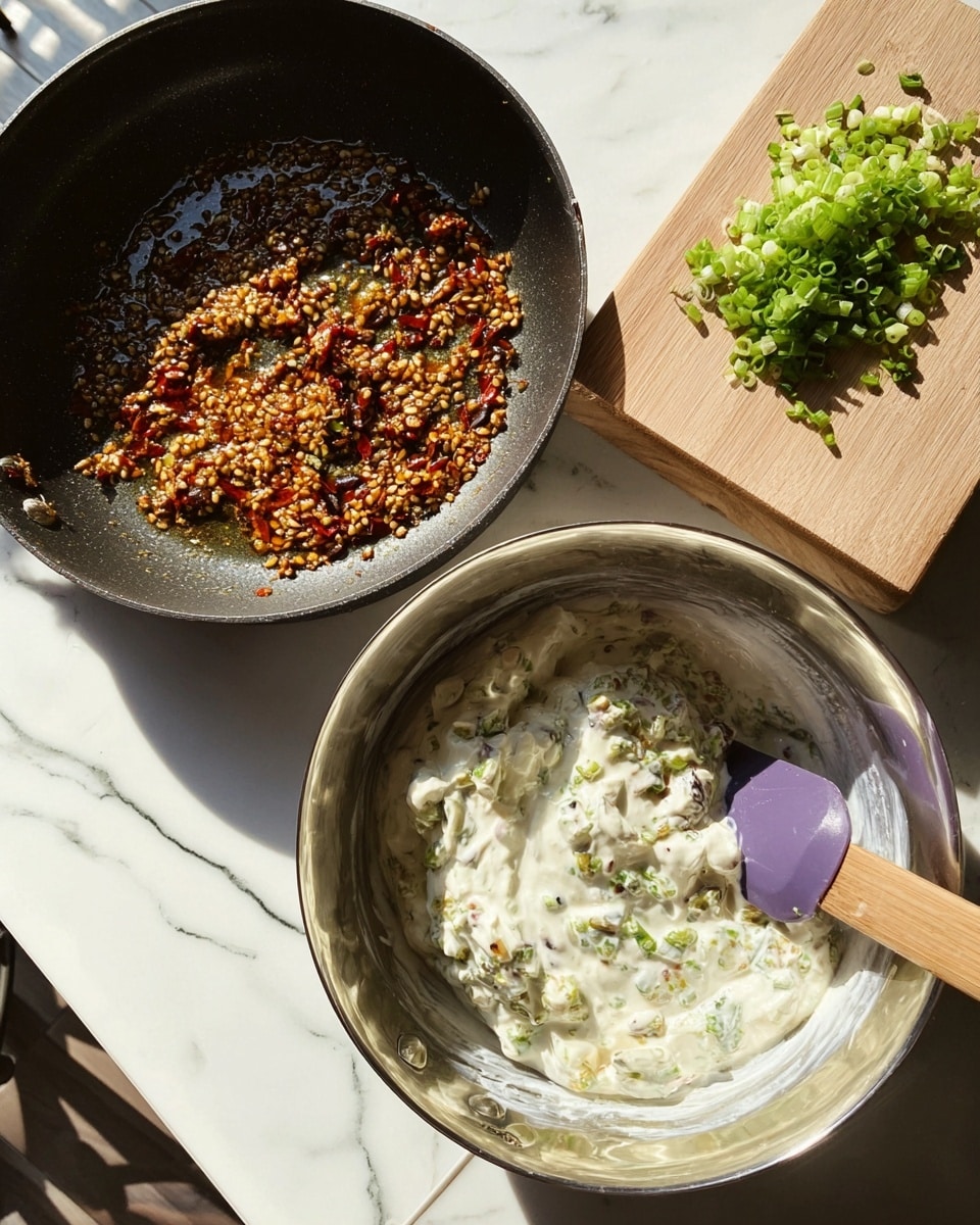 A photo shows three cooking items on a white marbled surface: a black frying pan with golden toasted seeds mixed in reddish oil, a silver bowl filled with thick white creamy mixture with some green bits, and a wooden board with small, chopped green onions. A purple spatula rests inside the silver bowl. Sunlight shines over the scene, creating soft shadows. photo taken with an iphone --ar 4:5 --v 7